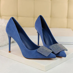 2019 Women 9.5cm High Heels Crystal Buckle Glitter Pumps Lady Wedding Green Yellow Blue Heels Female Scarpins Valentine Shoes