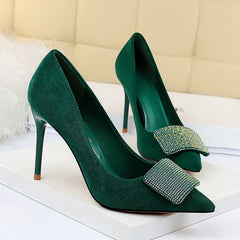 2019 Women 9.5cm High Heels Crystal Buckle Glitter Pumps Lady Wedding Green Yellow Blue Heels Female Scarpins Valentine Shoes