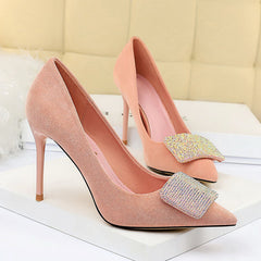 2019 Women 9.5cm High Heels Crystal Buckle Glitter Pumps Lady Wedding Green Yellow Blue Heels Female Scarpins Valentine Shoes