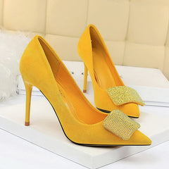 2019 Women 9.5cm High Heels Crystal Buckle Glitter Pumps Lady Wedding Green Yellow Blue Heels Female Scarpins Valentine Shoes