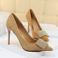 2019 Women 9.5cm High Heels Crystal Buckle Glitter Pumps Lady Wedding Green Yellow Blue Heels Female Scarpins Valentine Shoes